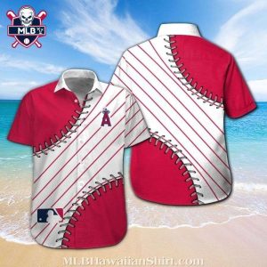 Angels Baseball Seam-Inspired Hawaiian Shirt With Red And White Stripes