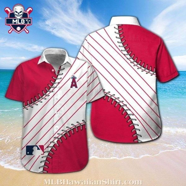 Angels Baseball Seam-Inspired Hawaiian Shirt With Red And White Stripes