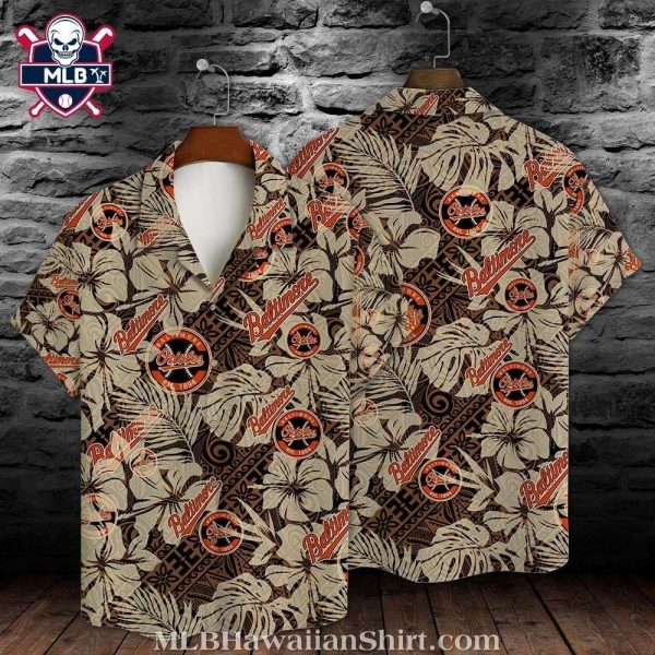 Baltimore Orioles Classic Beige Floral Orioles Emblem Hawaiian Shirt