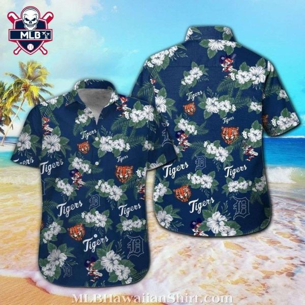 Casual Navy Tiger And Floral Print Detroit Tigers Aloha Shirt