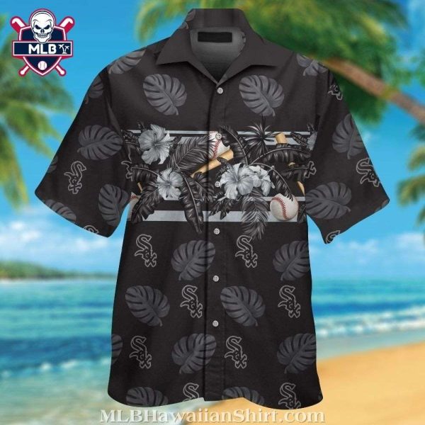 Chicago White Sox Baseball Themed Aloha Shirt With Monochrome Leaf Design