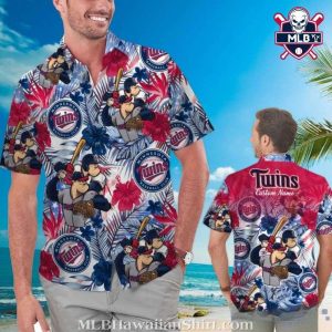 Customizable Cartoon Baseball Minnesota Twins Hawaiian Shirt With Hibiscus And Palms