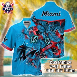 Customizable Miami Marlins Tropical Leaves Hawaiian Shirt – Teal Blue