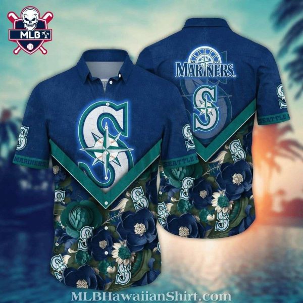 Deep Blue And Green Floral Patterns Mariners Hawaiian Shirt