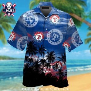Deep Blue Skies And Palm Tree Motifs Texas Rangers Aloha Shirt
