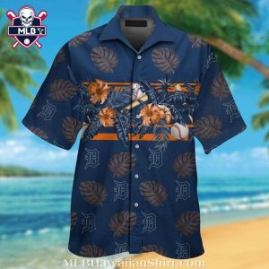 Detroit Tigers Baseball And Tropical Leaves Blue Hawaiian Shirt