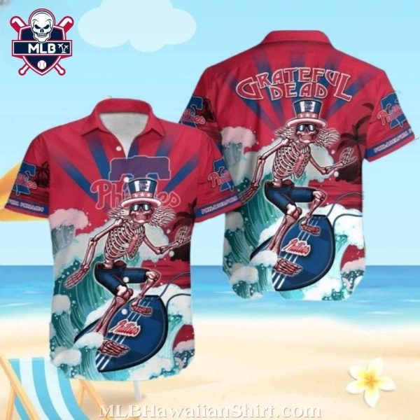 Grateful Philadelphia Phillies Red Skeleton Surf Hawaiian Shirt