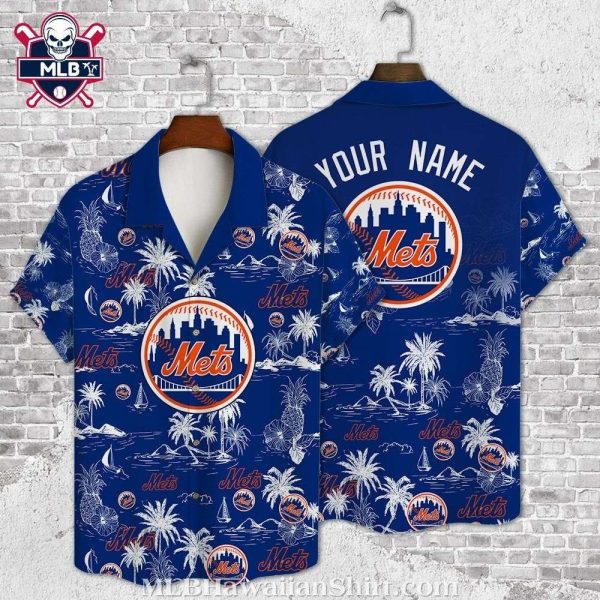 Mets Island Breeze Blue Patterned Hawaiian Shirt