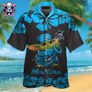 Miami Marlins Hawaiian Shirt – Baby Yoda Graphic With Hibiscus Flower Print