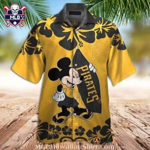 Mickey Mouse Pittsburgh Pirates Aloha Shirt Wth Tropical Hibiscus Design