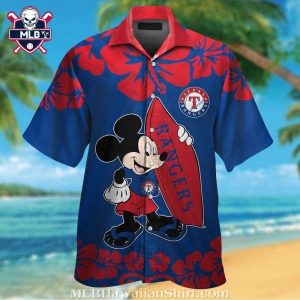 Mickey Mouse Surfboard Hibiscus Pattern Texas Rangers Hawaiian Shirt