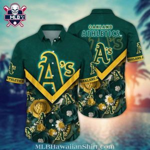 Oakland A’s Hawaiian Shirt With Yellow And Green Hibiscus Flowers