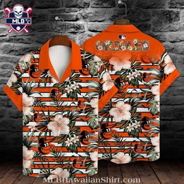 Baltimore Orioles Floral Striped Hawaiian Shirt In Vibrant Orange