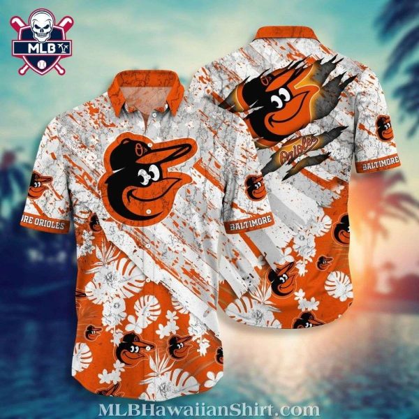 Baltimore Orioles Hawaiian Shirt With Grunge Splash And Tropical Flora