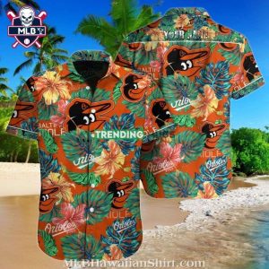 Baltimore Orioles Lush Tropical Flora Orange Aloha Shirt