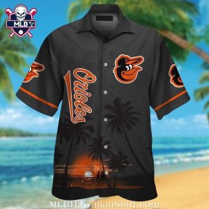 Baltimore Orioles Palm Sunset Black Aloha Shirt