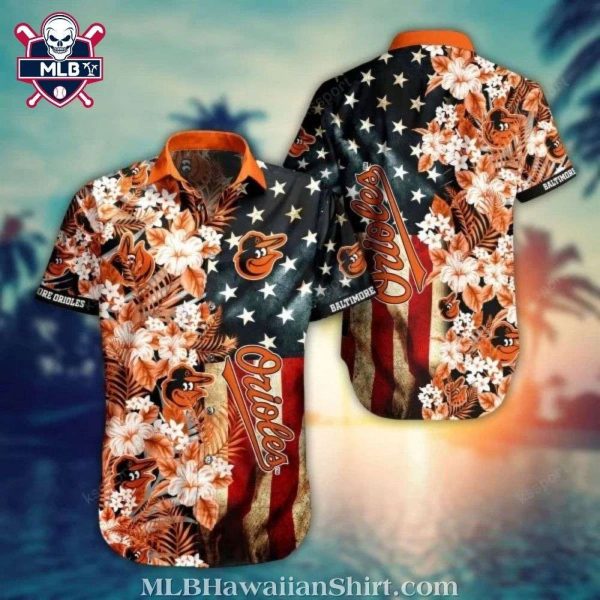 Baltimore Orioles Patriotic Stars And Stripes Floral Hawaiian Shirt