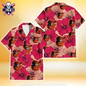 Baltimore Orioles Pink Hibiscus Floral Aloha Shirt