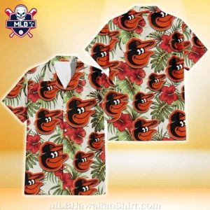 Baltimore Orioles Red Hibiscus And Palm Hawaiian Shirt