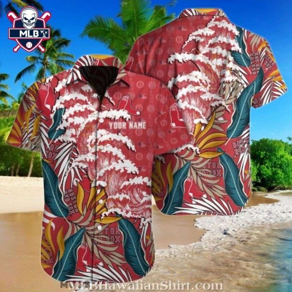 Boston Red Sox Red Wave And Floral Customizable Aloha Shirt