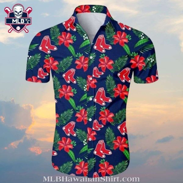 Boston Red Sox Tropical Hibiscus And Palm Aloha Shirt