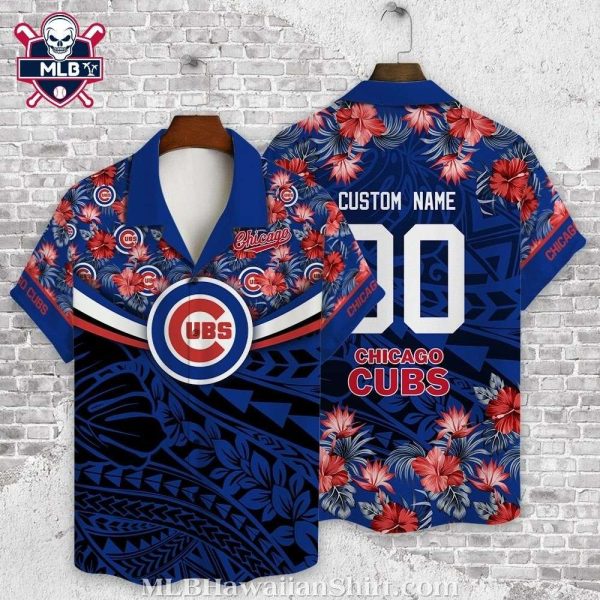 Chicago Cubs Custom Name Navy Floral Hawaiian Shirt