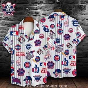 Chicago Cubs Mascot And Iconic Symbols White Stripe Hawaiian Shirt