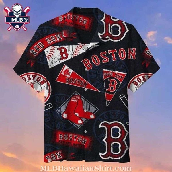 Classic Black Boston Red Sox Team Logo Aloha Shirt