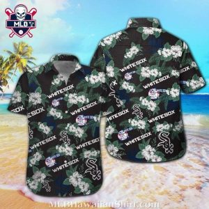 Classic White Sox Logo On Black Tropical Floral Hawaiian Shirt