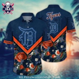 Detroit Tigers Navy Blue Hibiscus And Orange Highlights Aloha Shirt