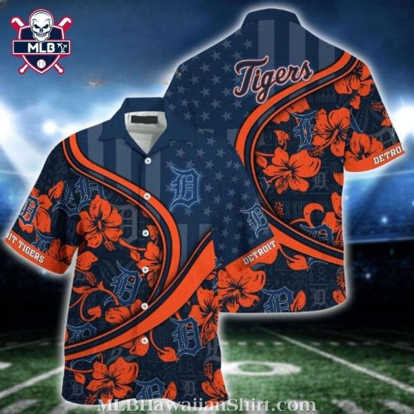 Detroit Tigers Starry Night Floral Orange And Navy Hawaiian Shirt