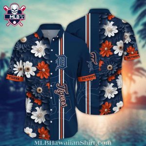 Detroit Tigers Tropical Navy Hawaiian Shirt With White Orange Floral Patterns