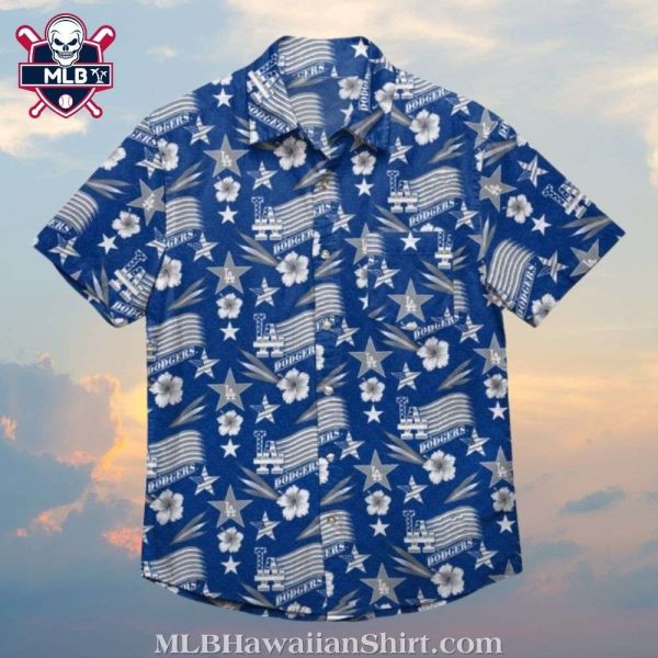 Dodgers Patriotic Stripes And Hibiscus Hawaiian Shirt