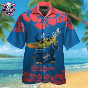 Hawaiian Dodgers Shirt Featuring Baby Yoda Graphic And Hibiscus Motif