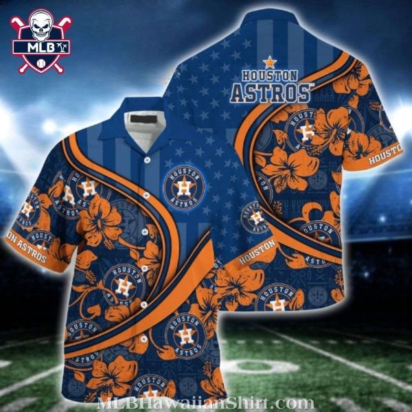 Houston Astros Hibiscus Flowers Us Flag Pattern Hawaiian Shirt