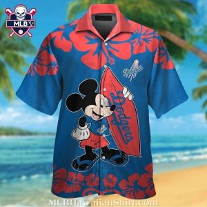 Los Angeles Dodgers Hawaiian Shirt With Mickey Mouse And Hibiscus Design