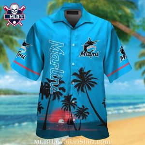 Miami Marlins Sunset Silhouette Tropical Hawaiian Shirt – Sky Blue