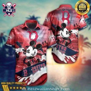 Mickey Mouse Catching Waves Boston Red Sox Hawaiian Shirt