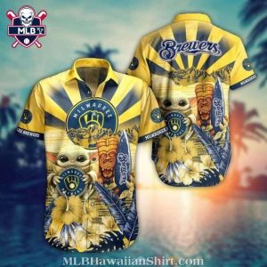 Milwaukee Brewers Logo Print Hawaiian Shirt – Baby Yoda With Tiki Totem