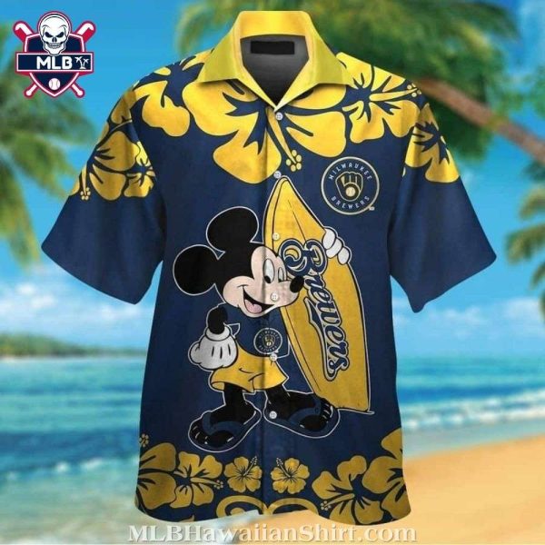 Milwaukee Brewers Logo Print Hawaiian Shirt – Mickey Mouse With Surfboard