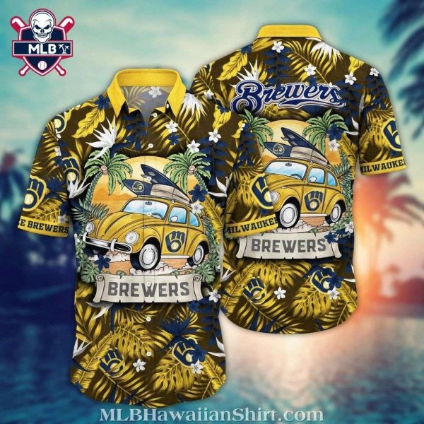 Milwaukee Brewers Tropical Getaway – Retro Car Palm Print Hawaiian Shirt