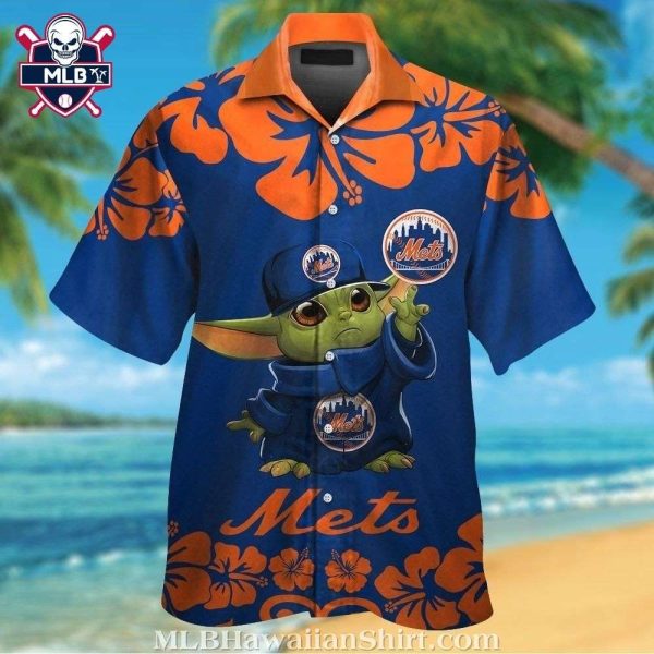 NY Mets Hawaiian Shirt – Baby Yoda Graphic With Hibiscus Flower Print