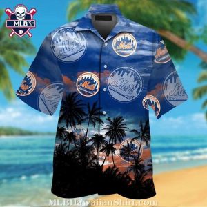 NY Mets Oceanfront Twilight Hawaiian Shirt – Serene Blue Palm Silhouette