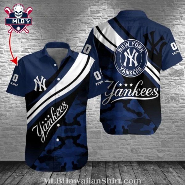 NY Yankees Hawaiian Shirt With Camouflage Pattern And Striped Accents