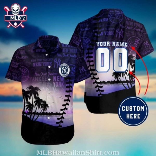 NY Yankees Hawaiian Shirt With Tropical Sunset And Palms