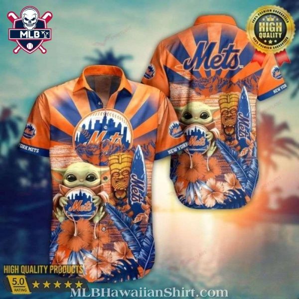 New York Mets Hawaiian Shirt – Baby Yoda Graphic With Tiki Totem Print