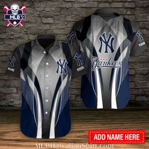 New York Yankees Custom Name Grey Scale Waves Design Aloha Shirt