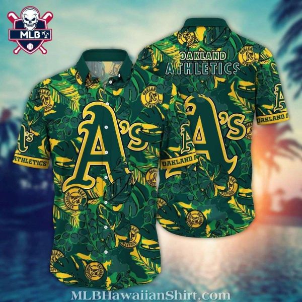 Oakland A’s Tropical Leaf Pattern Green Aloha Shirt