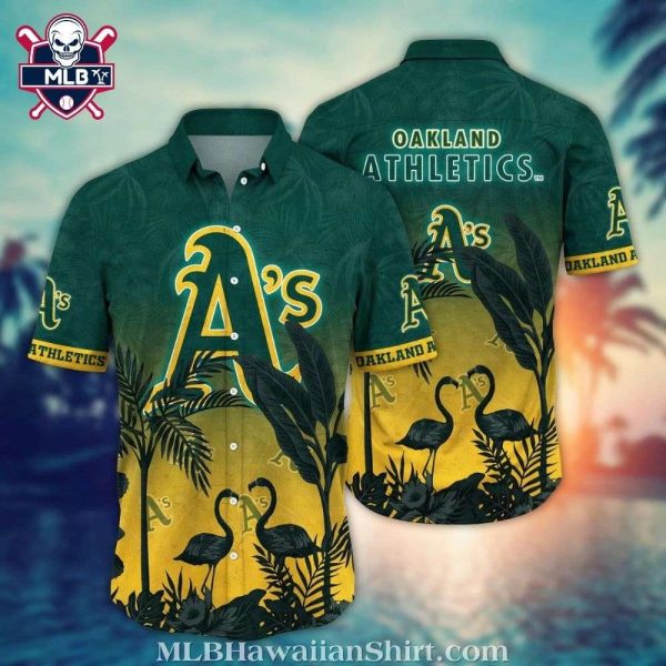 Oakland Athletics Flamingo And Sunset Green Tropical Hawaiian Shirt