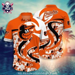 Orioles Aloha Shirt With Bold Logo Swirls And Tropical Florals